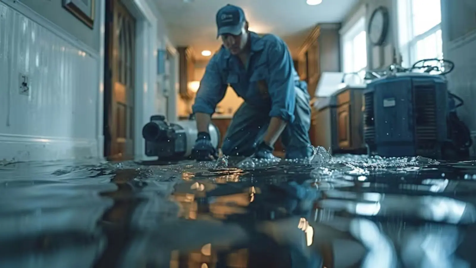 Technician running extraction equipment on a flooded kitchen floor