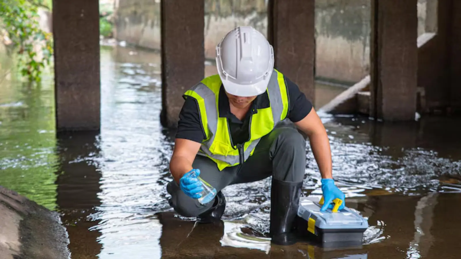 Worker in a hi-vis vest checking a flooded floor with a moisture meter