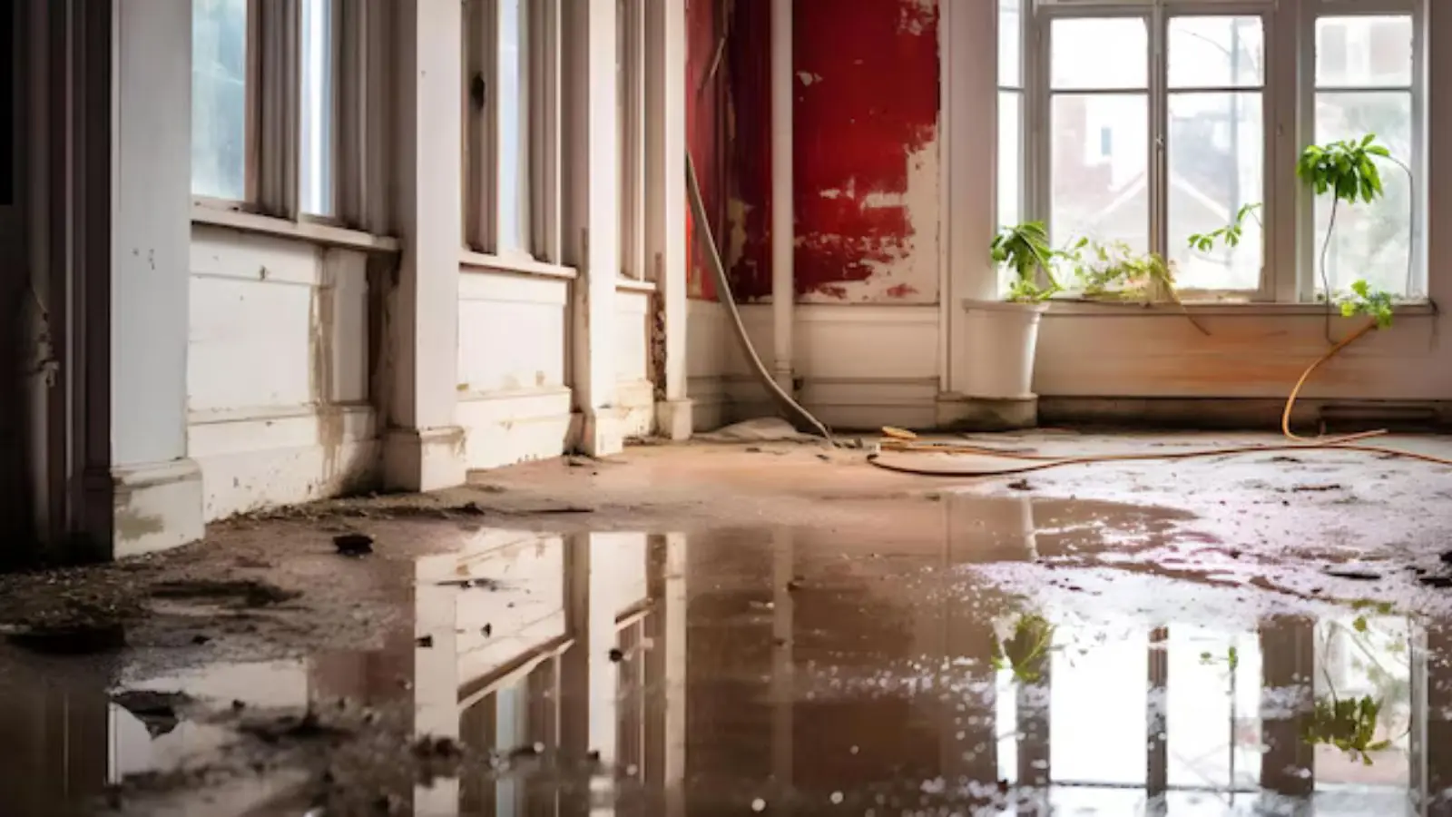 Two crew members with extraction machines in a flooded room