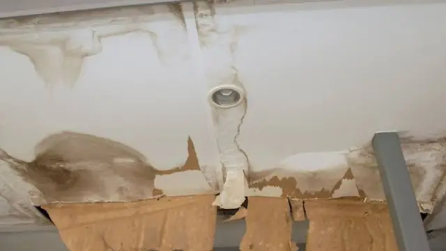 Water-damaged ceiling with peeling paint around a light fixture