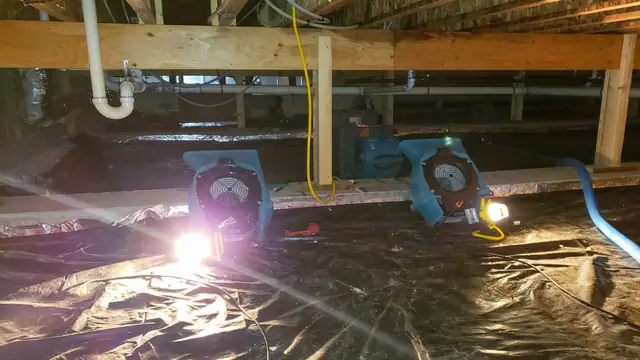 Drying fans and a work light under a house crawl space