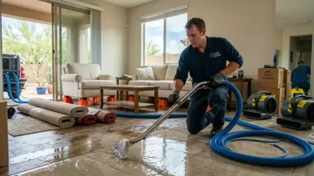 Technician using a wet vacuum and hoses on a flooded living room floor
