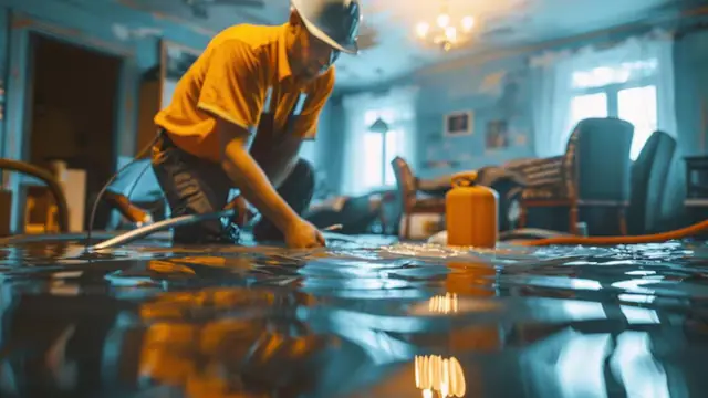 Cleanup technician in an orange shirt working on a wet living room floor