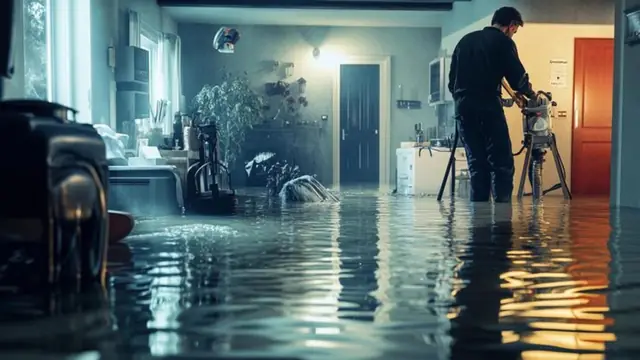 Technician setting up drying equipment in a water-damaged room